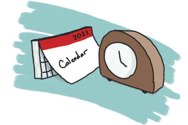 a hand-drawn calendar and clock